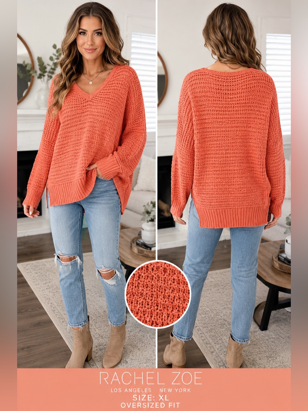 Rachel Zoe XL Coral Orange Open Knit V-Neck Oversized Pullover Sweater